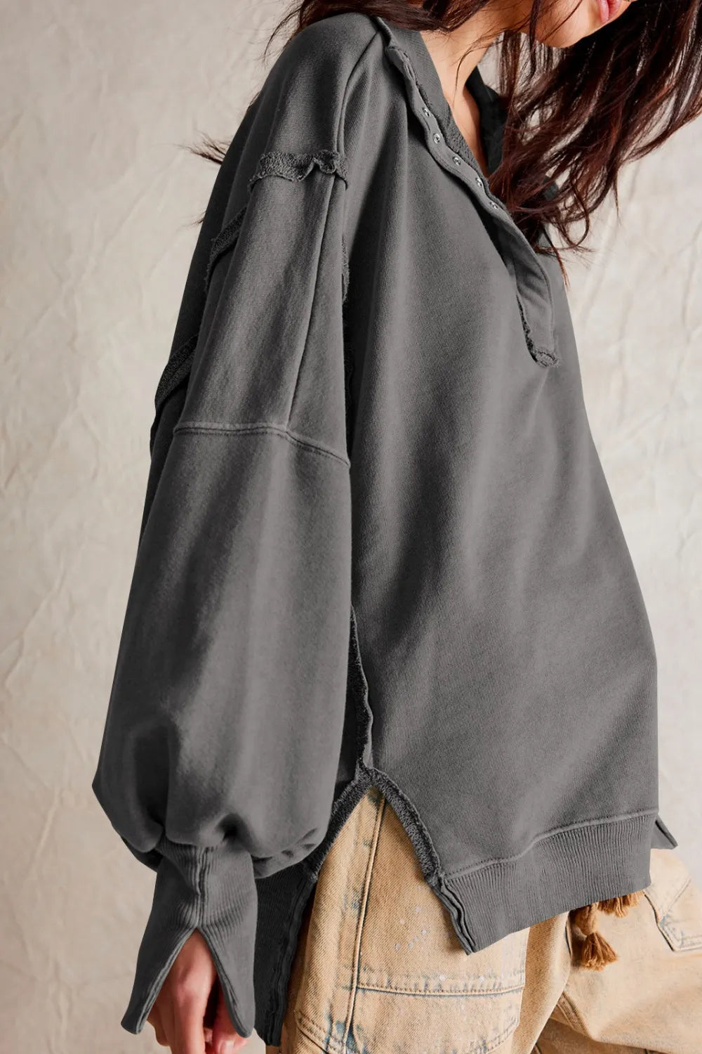 Exposed Seam Side Slit Long Sleeve Sweatshirt - Korvel