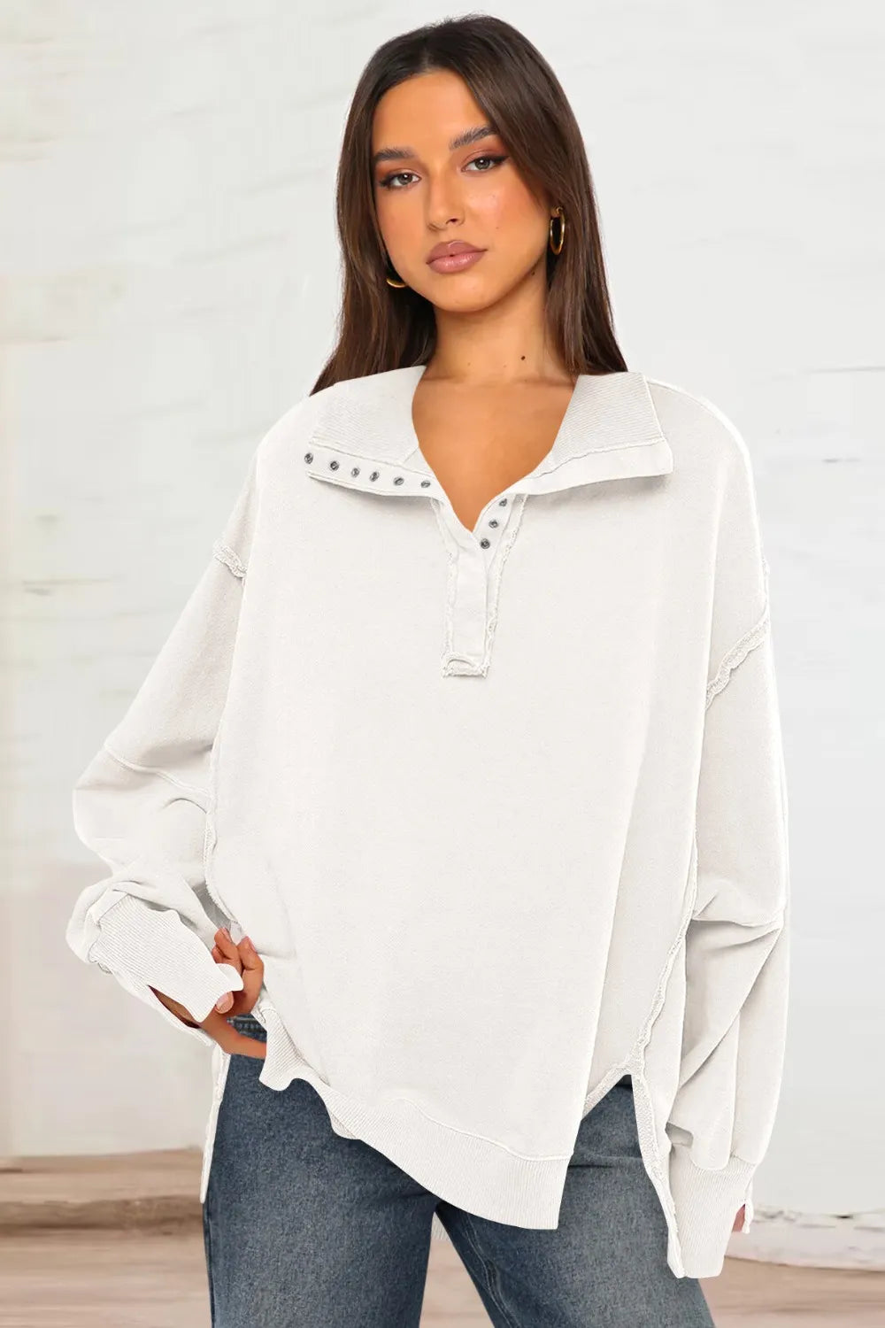 Exposed Seam Side Slit Long Sleeve Sweatshirt - Korvel