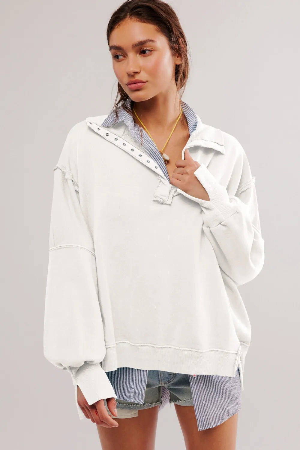 Exposed Seam Side Slit Long Sleeve Sweatshirt - Korvel