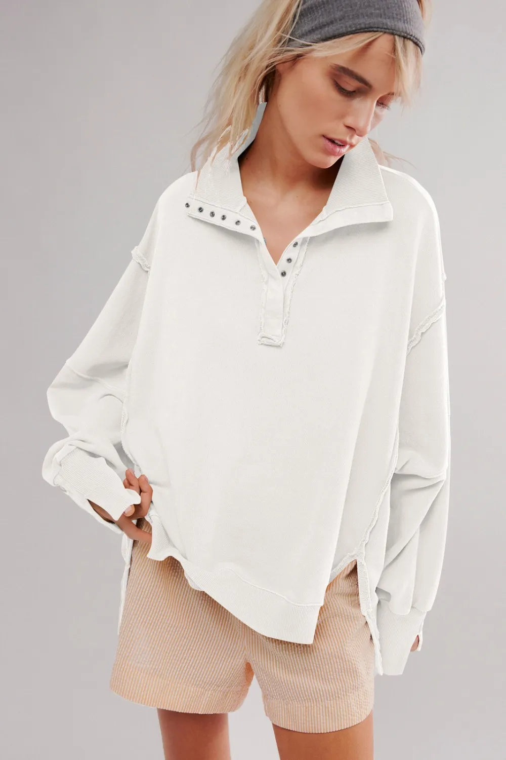 Exposed Seam Side Slit Long Sleeve Sweatshirt - Korvel