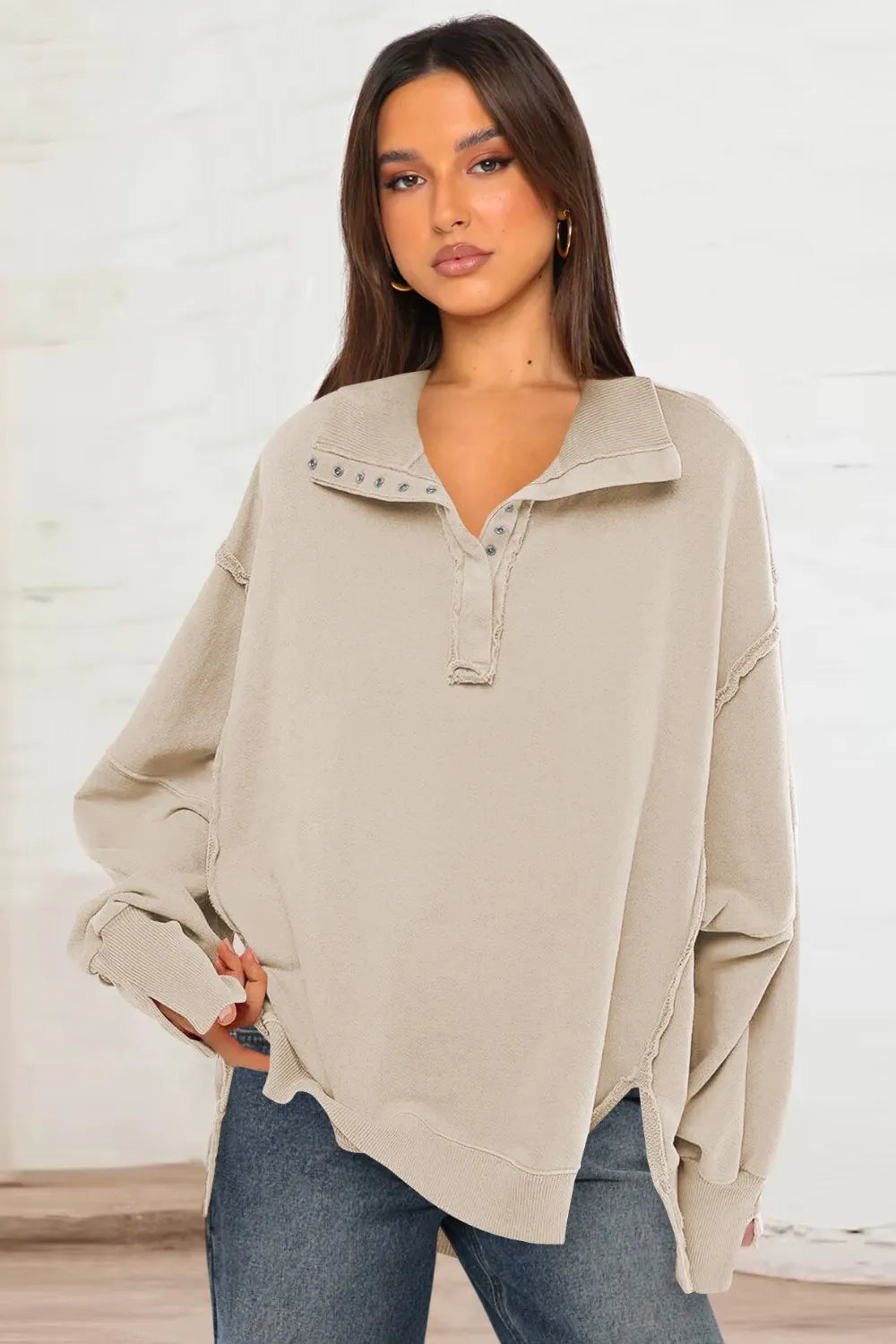Exposed Seam Side Slit Long Sleeve Sweatshirt - Korvel