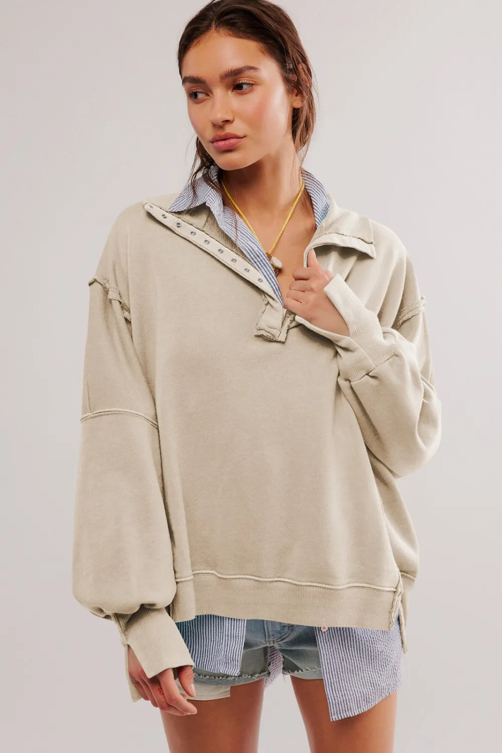Exposed Seam Side Slit Long Sleeve Sweatshirt - Korvel