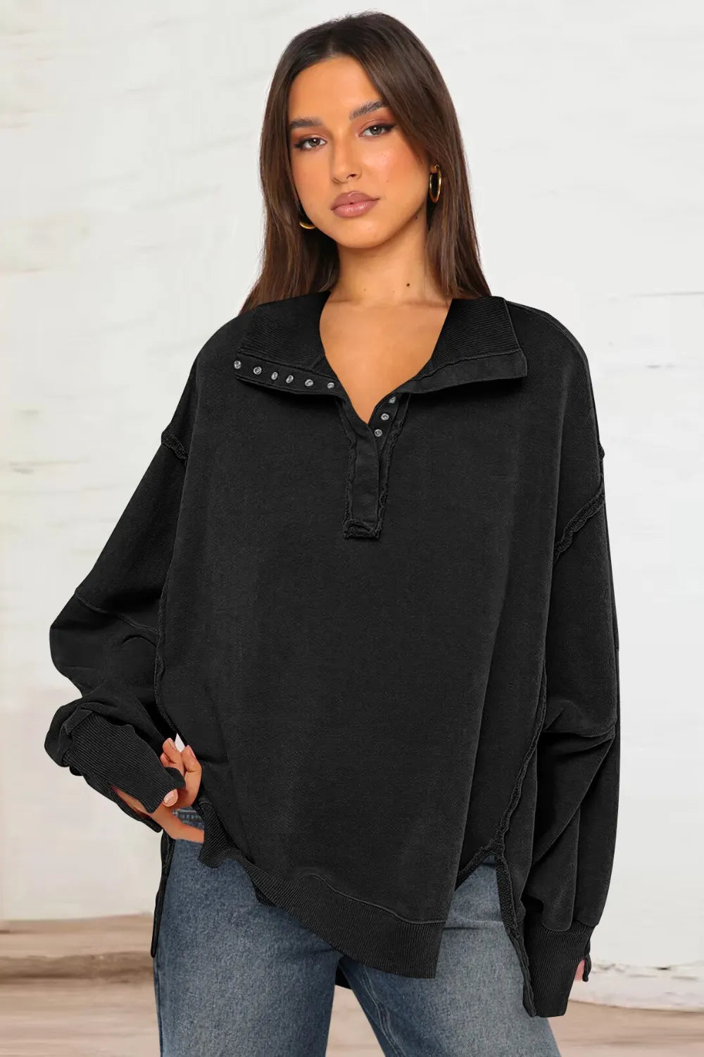 Exposed Seam Side Slit Long Sleeve Sweatshirt - Korvel
