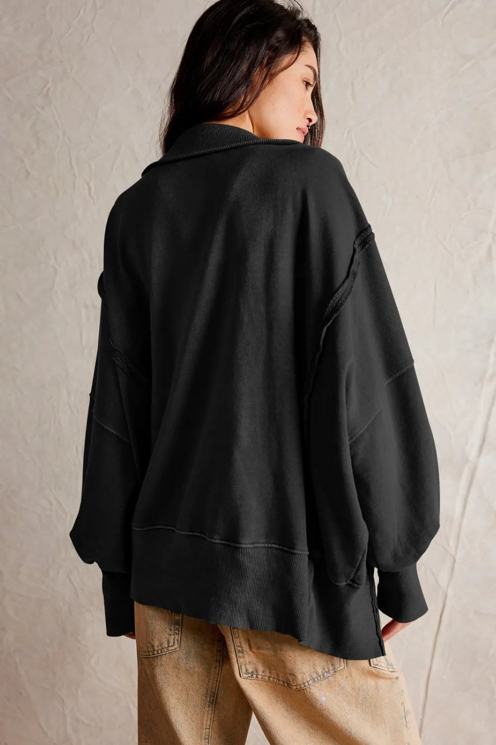 Exposed Seam Side Slit Long Sleeve Sweatshirt - Korvel