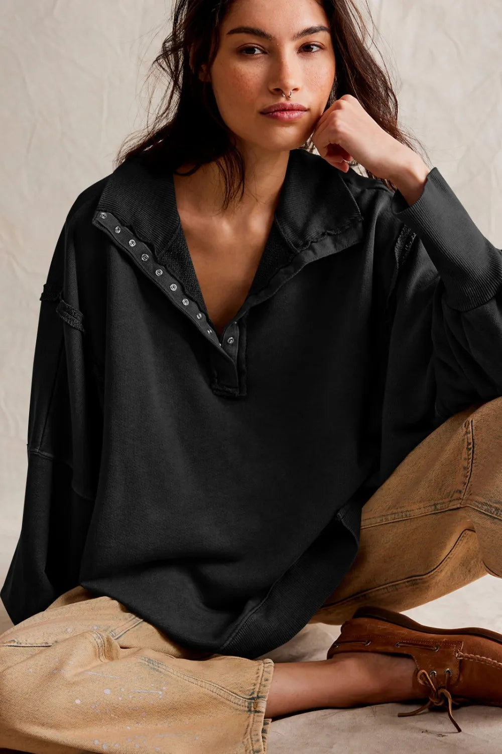 Exposed Seam Side Slit Long Sleeve Sweatshirt - Korvel