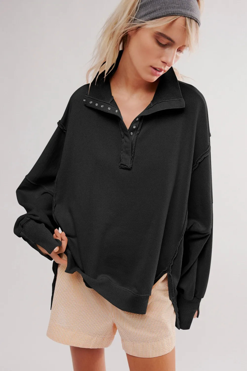 Exposed Seam Side Slit Long Sleeve Sweatshirt - Korvel