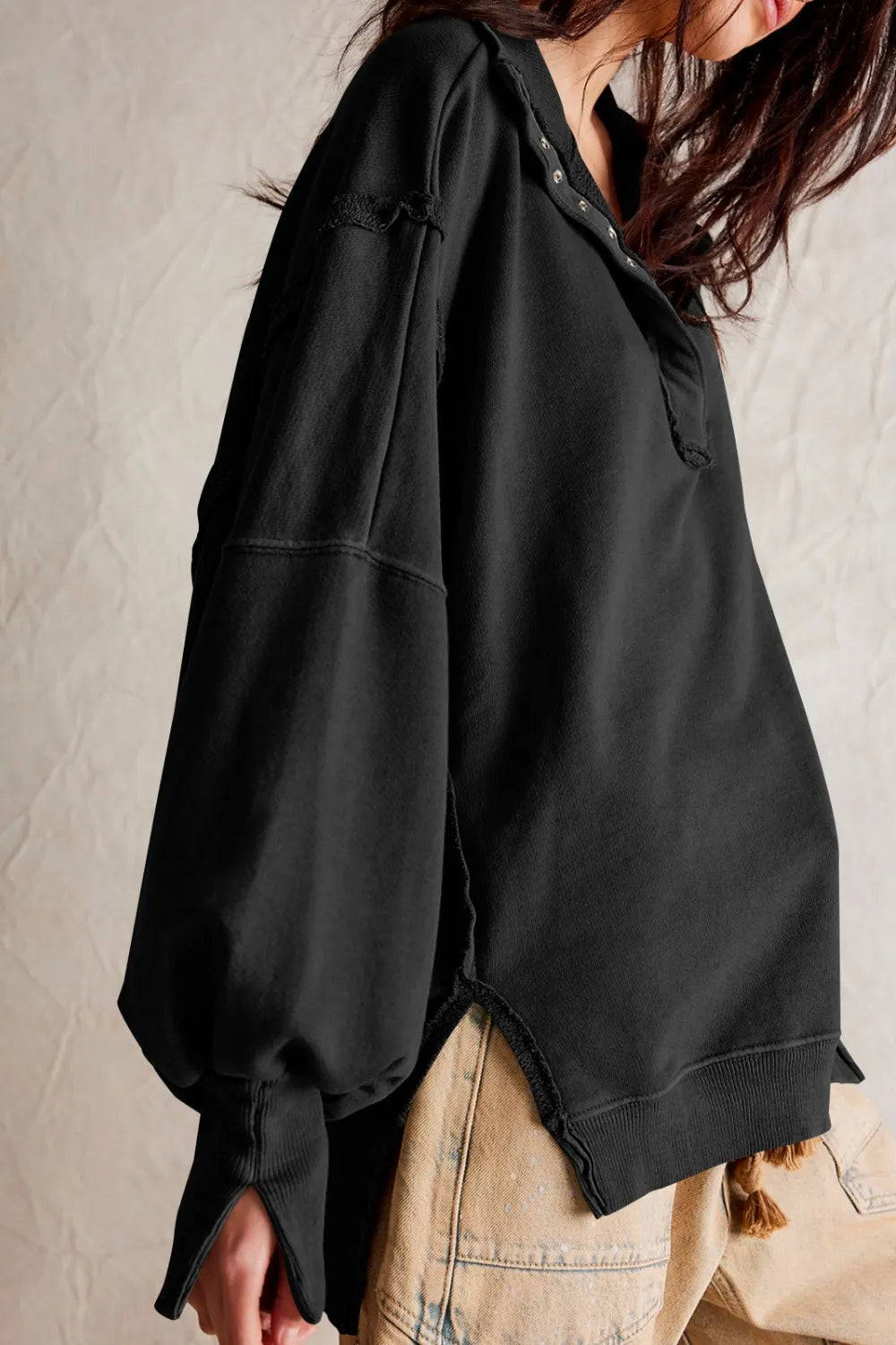 Exposed Seam Side Slit Long Sleeve Sweatshirt - Korvel