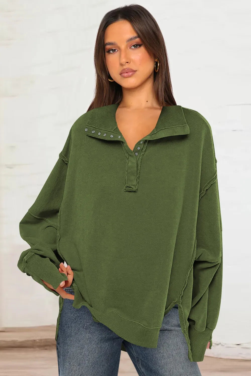 Exposed Seam Side Slit Long Sleeve Sweatshirt - Korvel