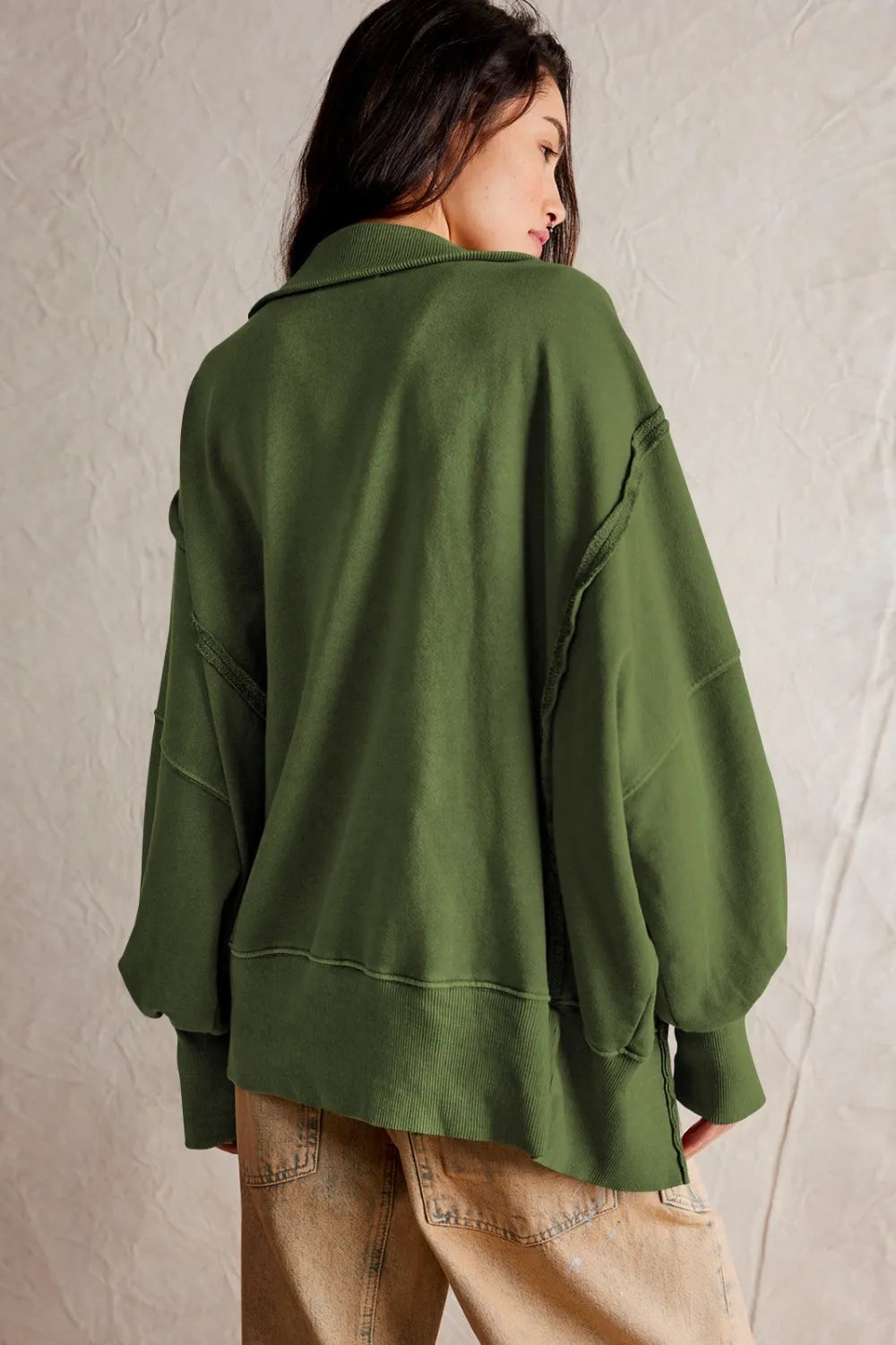 Exposed Seam Side Slit Long Sleeve Sweatshirt - Korvel