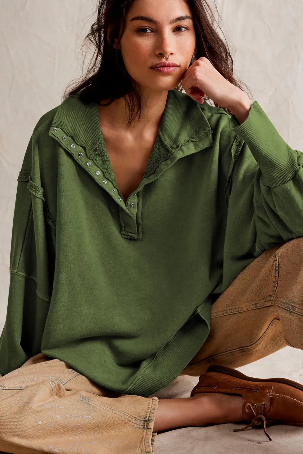 Exposed Seam Side Slit Long Sleeve Sweatshirt - Korvel