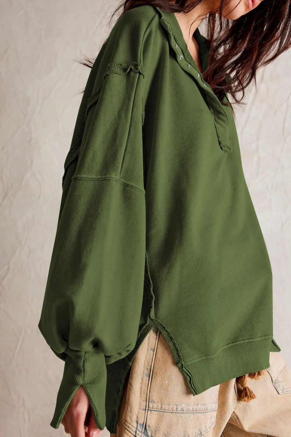 Exposed Seam Side Slit Long Sleeve Sweatshirt - Korvel