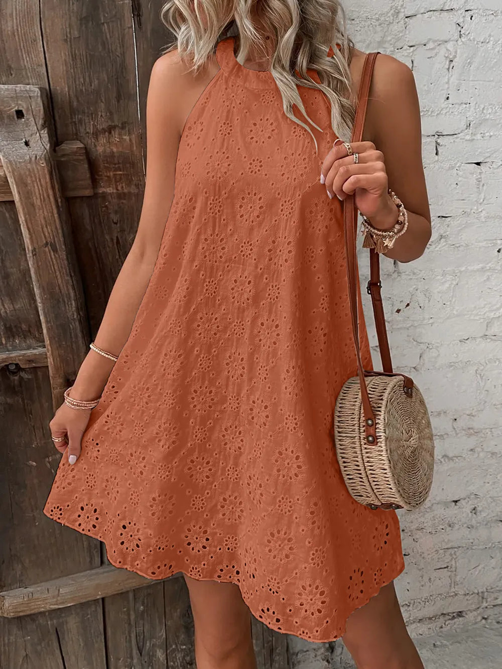 Eyelet Grecian Neck Mini Dress - Korvel