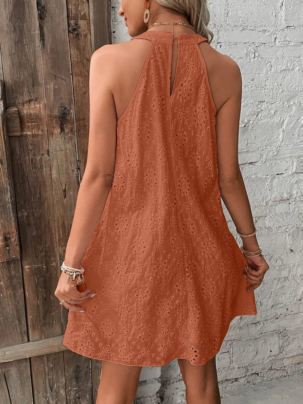 Eyelet Grecian Neck Mini Dress - Korvel