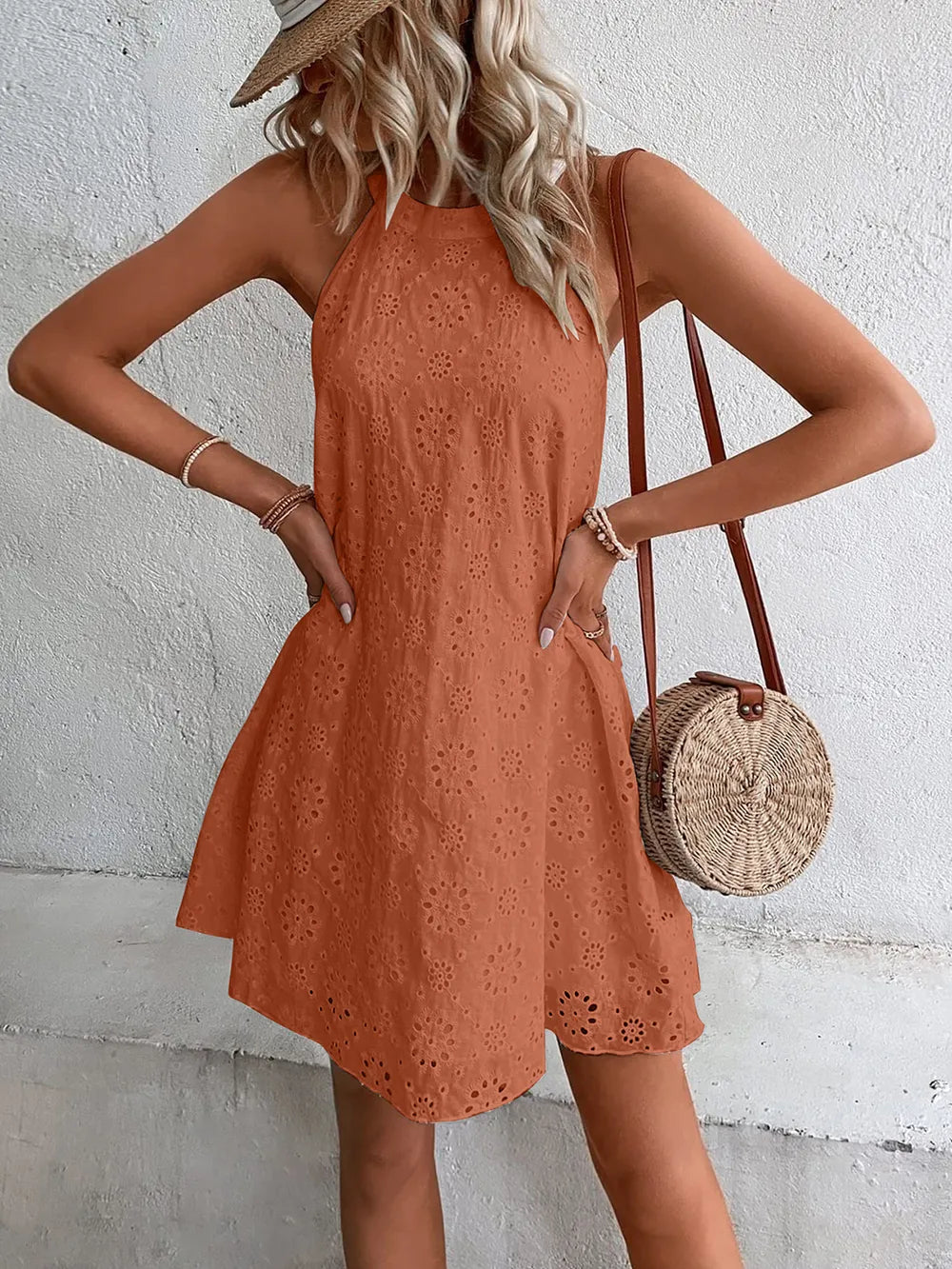 Eyelet Grecian Neck Mini Dress - Korvel