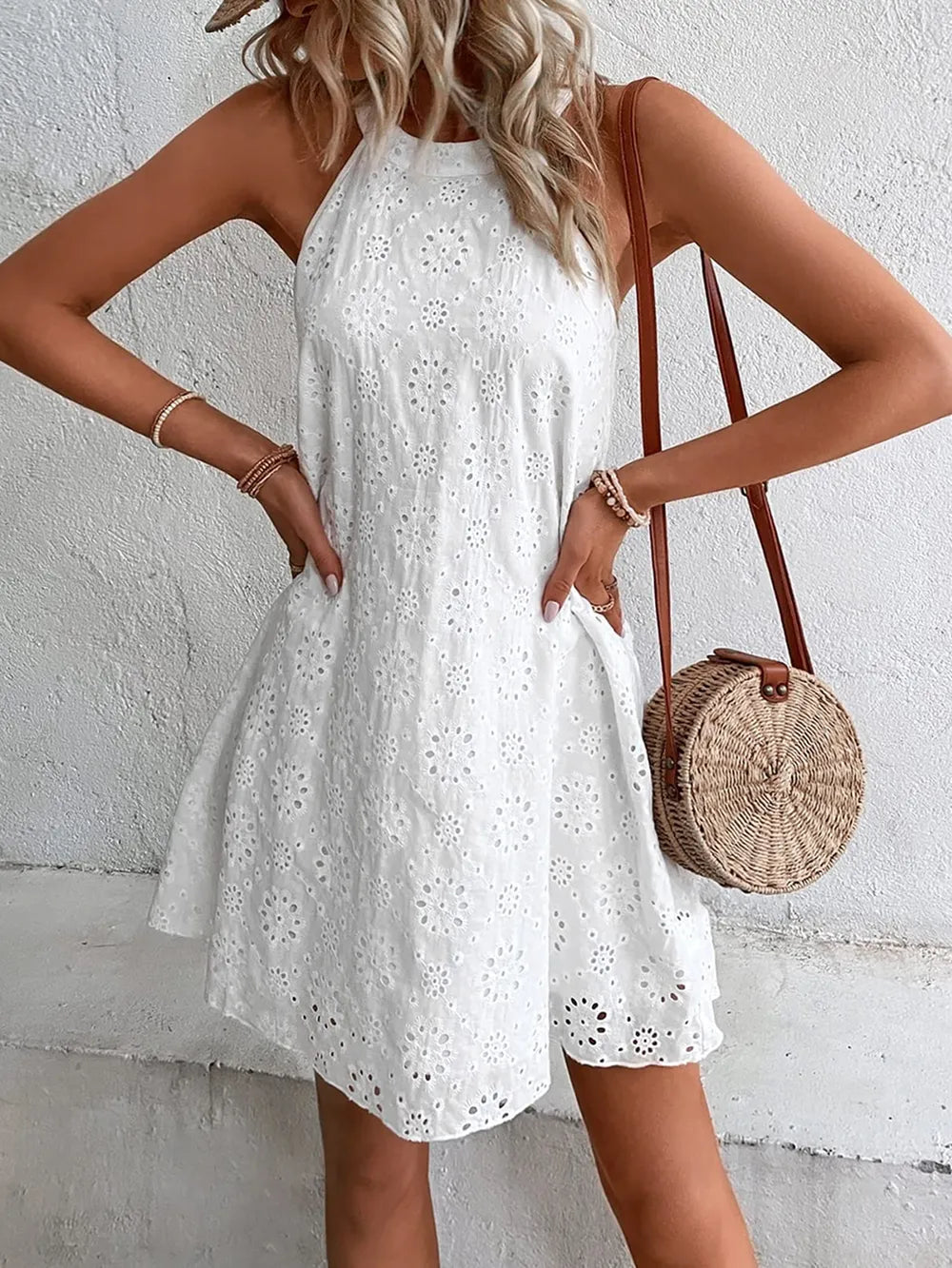 Eyelet Grecian Neck Mini Dress - Korvel