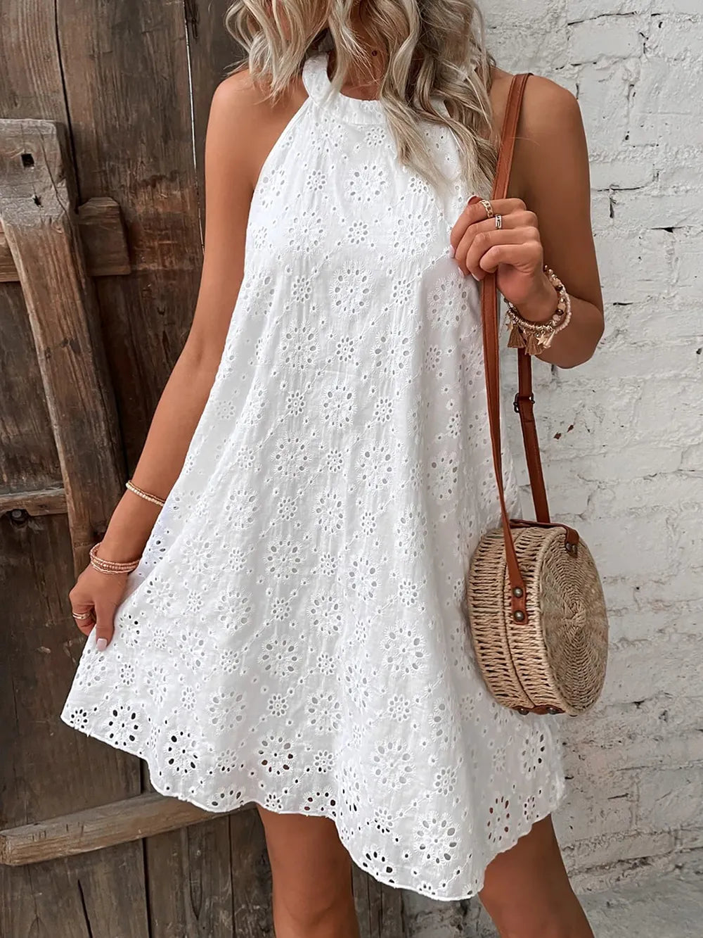 Eyelet Grecian Neck Mini Dress - Korvel