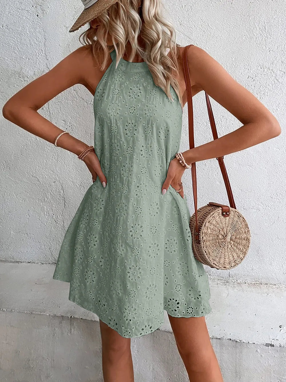 Eyelet Grecian Neck Mini Dress - Korvel