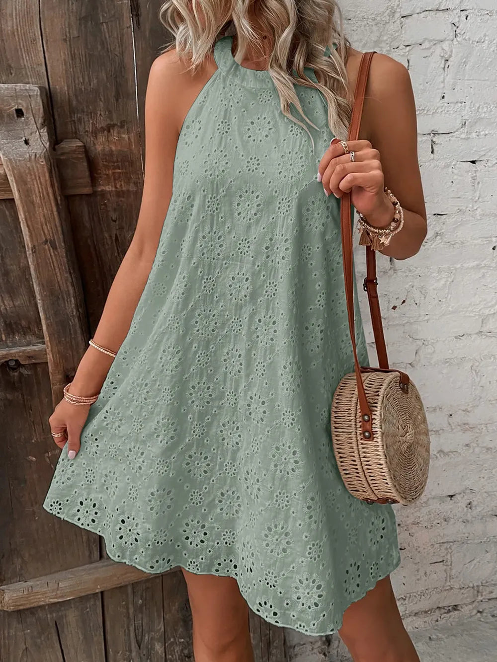Eyelet Grecian Neck Mini Dress - Korvel