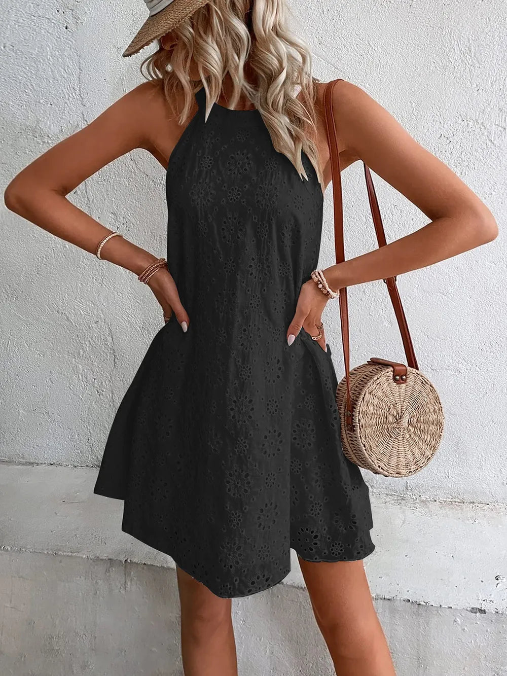 Eyelet Grecian Neck Mini Dress - Korvel