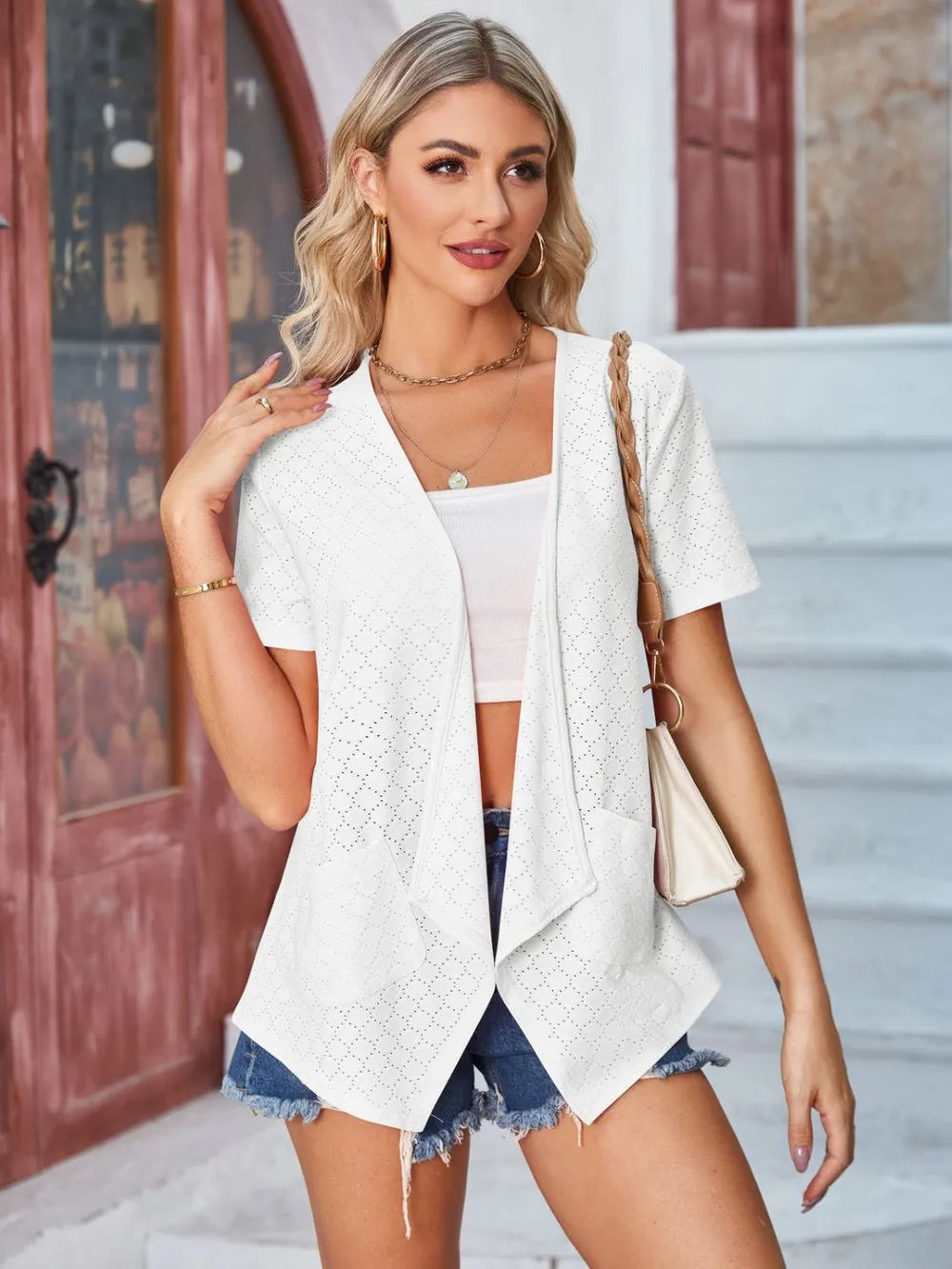 Elegant Eyelet Open Front Short Sleeve Cover Up