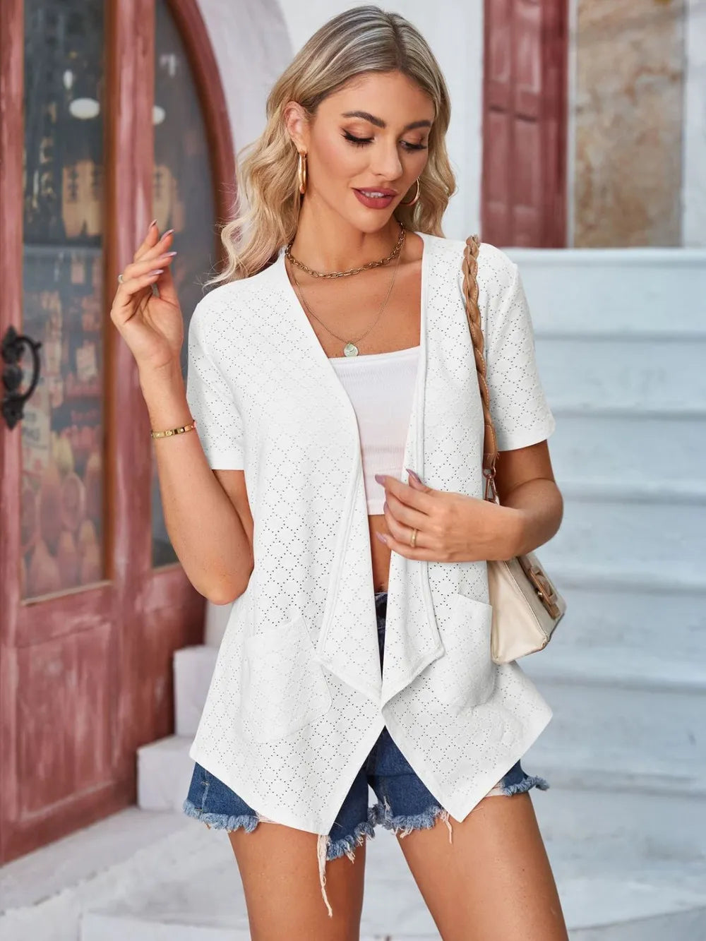 Elegant Eyelet Open Front Short Sleeve Cover Up