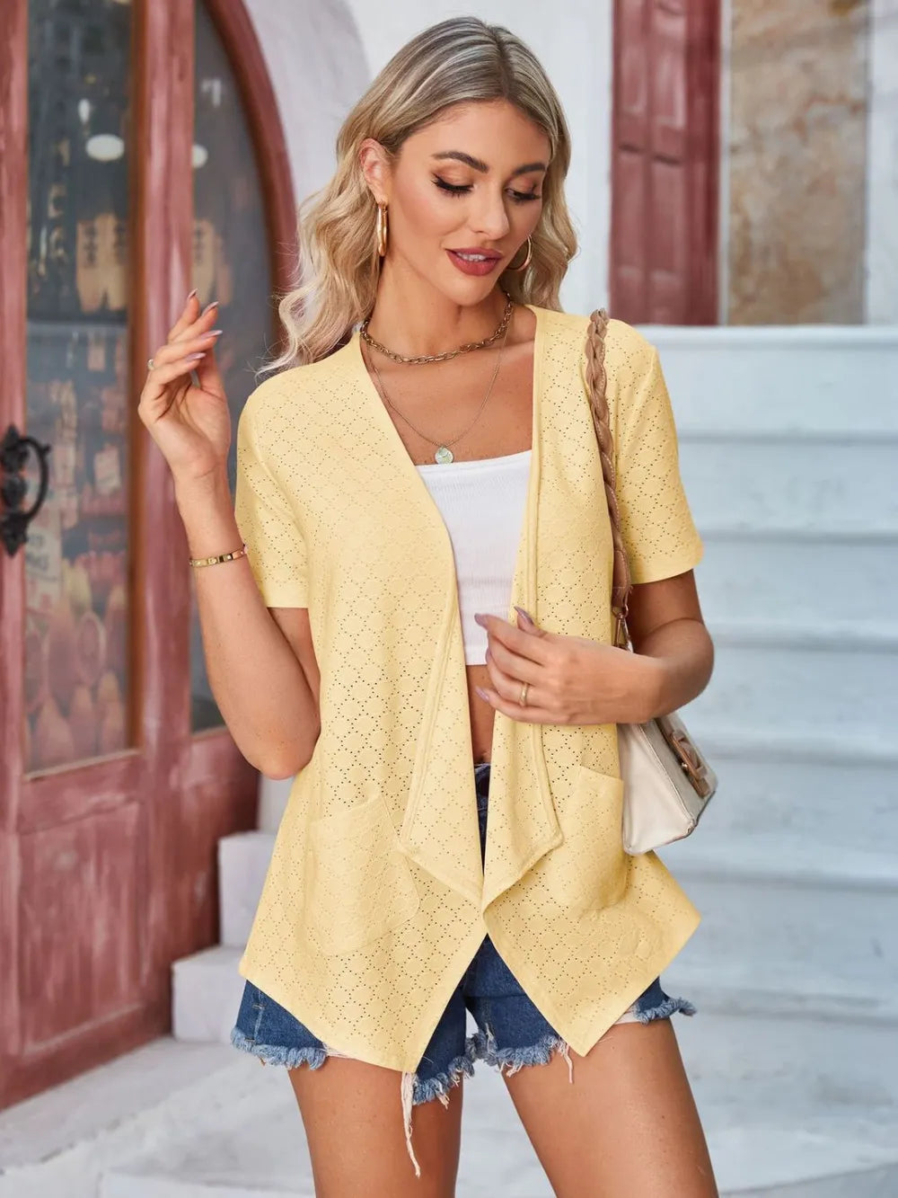 Elegant Eyelet Open Front Short Sleeve Cover Up