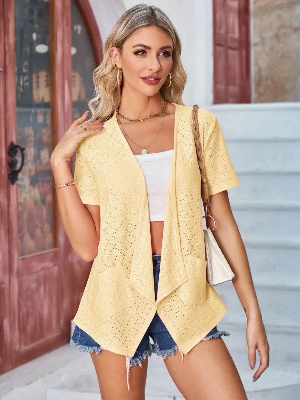 Elegant Eyelet Open Front Short Sleeve Cover Up