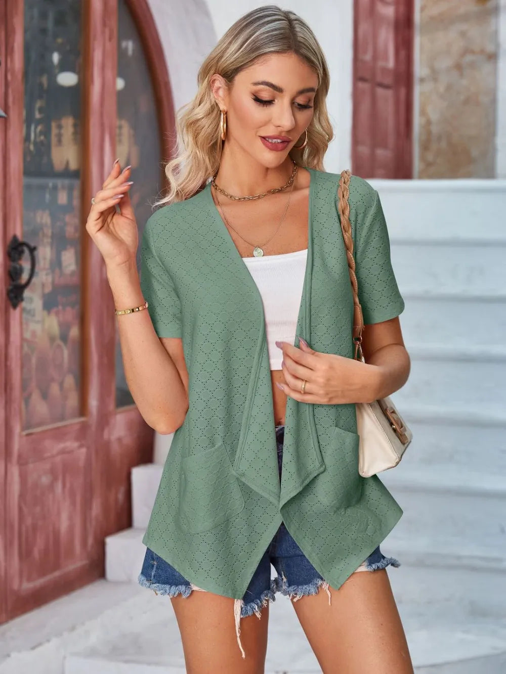 Elegant Eyelet Open Front Short Sleeve Cover Up