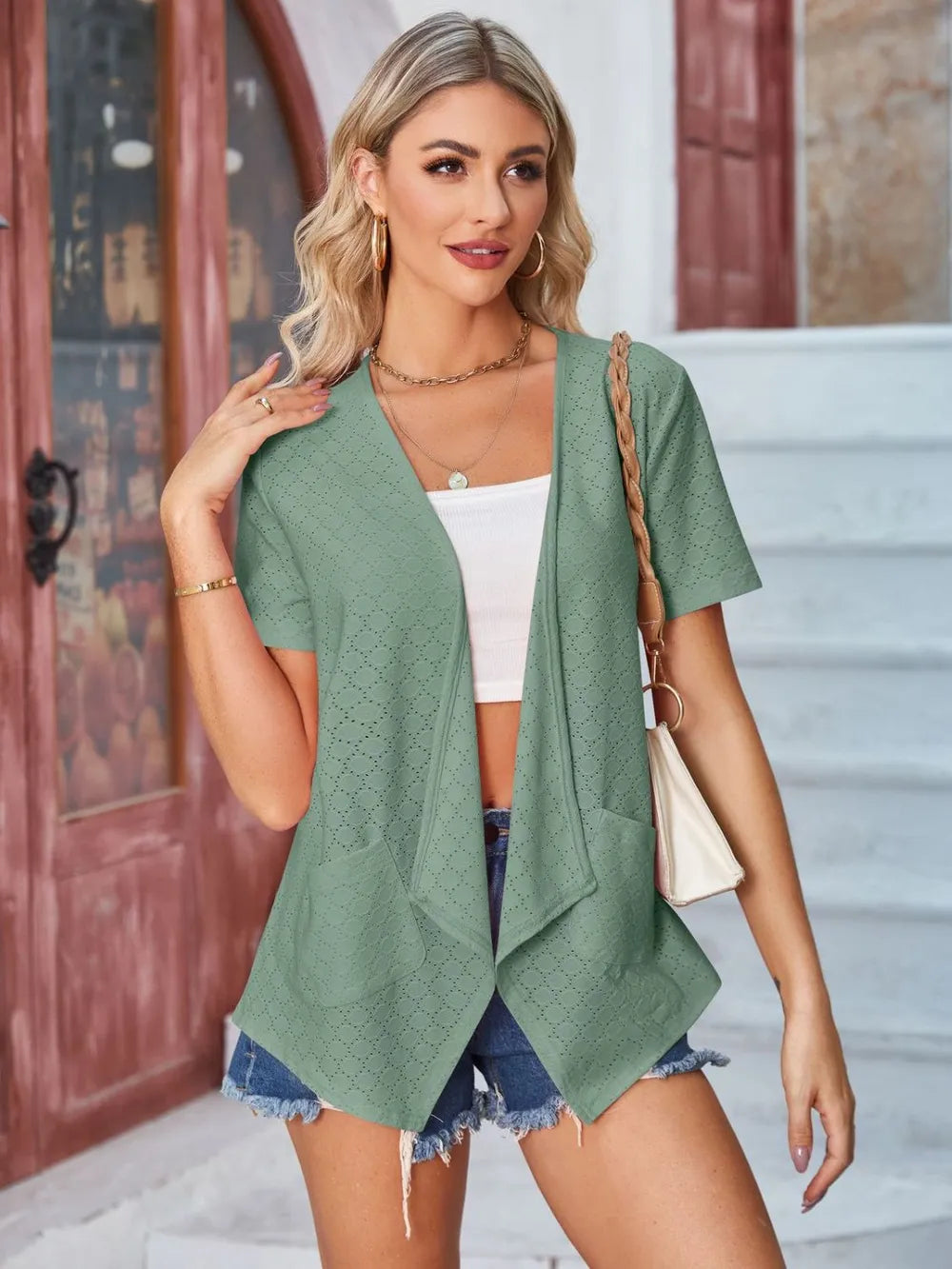 Elegant Eyelet Open Front Short Sleeve Cover Up