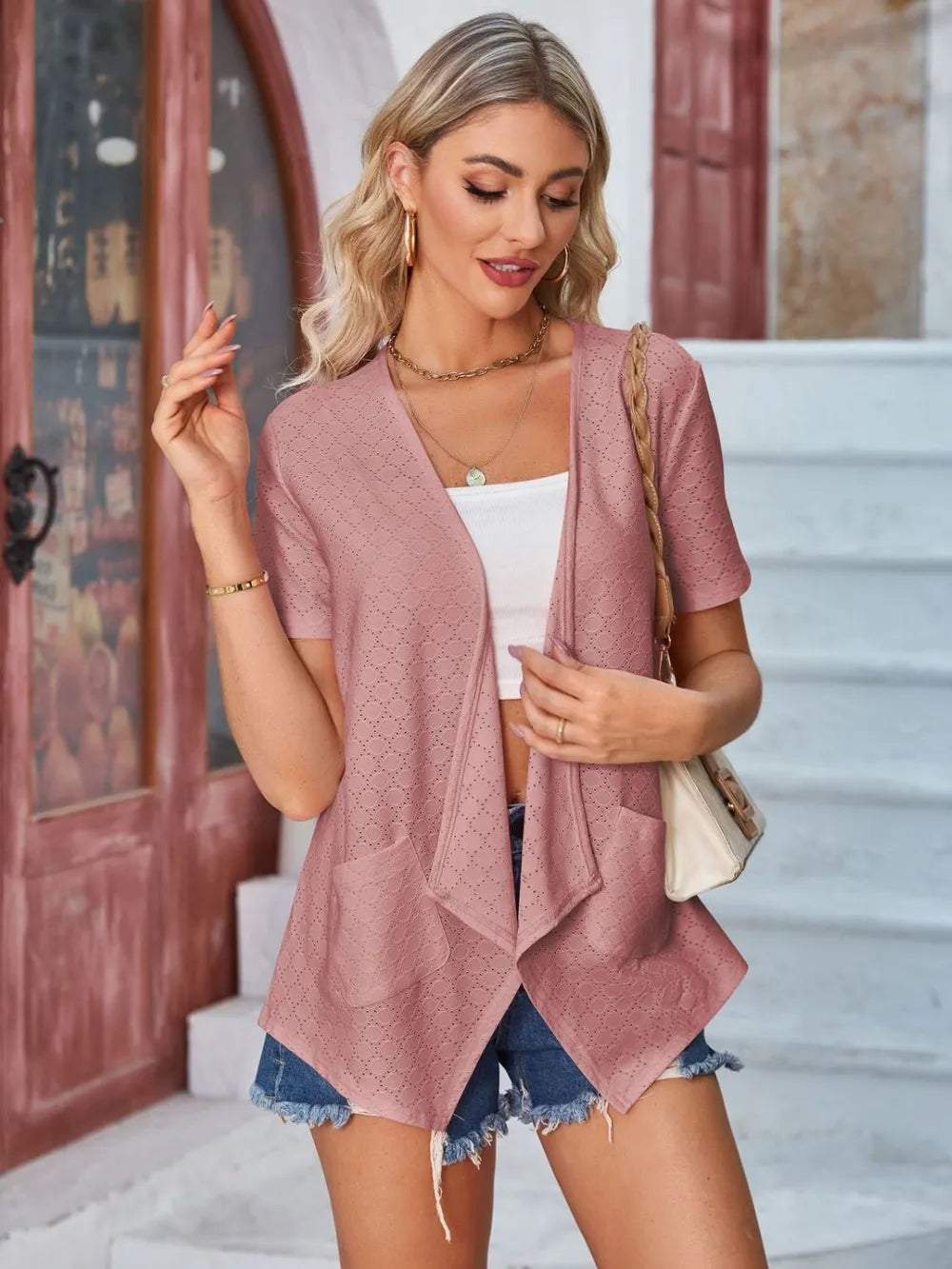 Elegant Eyelet Open Front Short Sleeve Cover Up