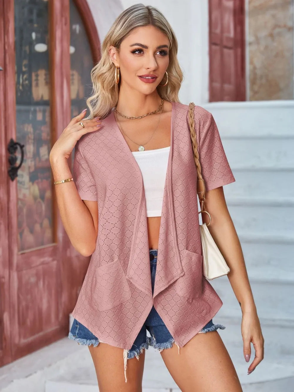 Elegant Eyelet Open Front Short Sleeve Cover Up