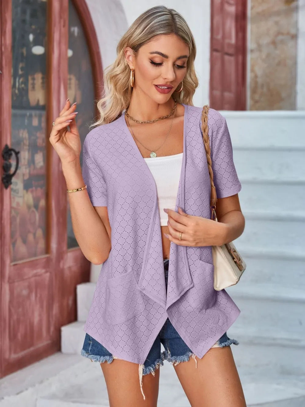 Elegant Eyelet Open Front Short Sleeve Cover Up