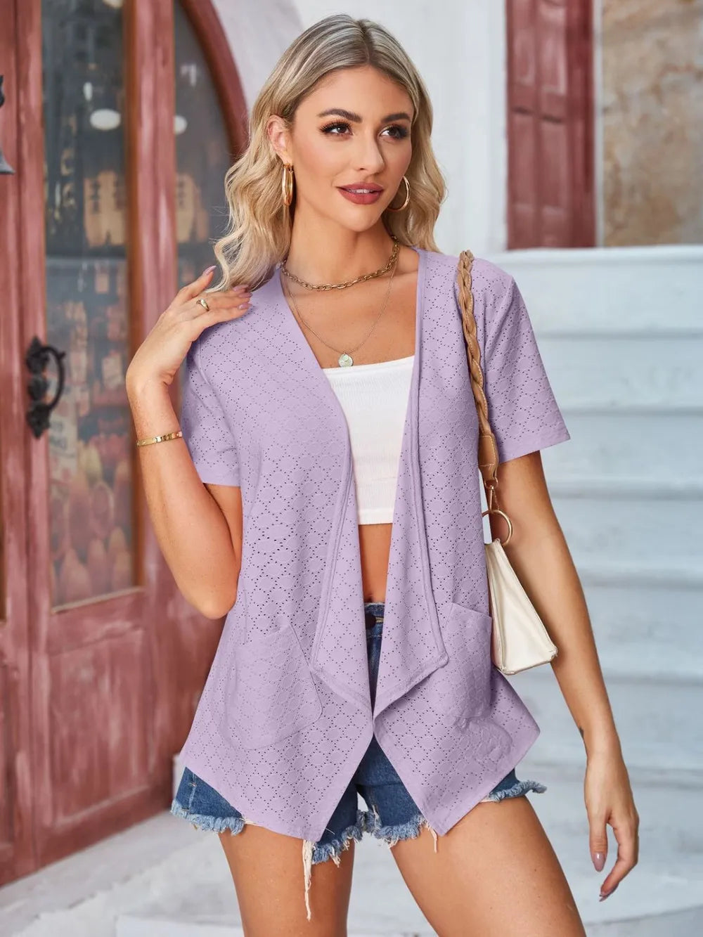 Elegant Eyelet Open Front Short Sleeve Cover Up