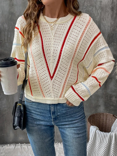 Eyelet Round Neck Long Sleeve Sweater - Korvel