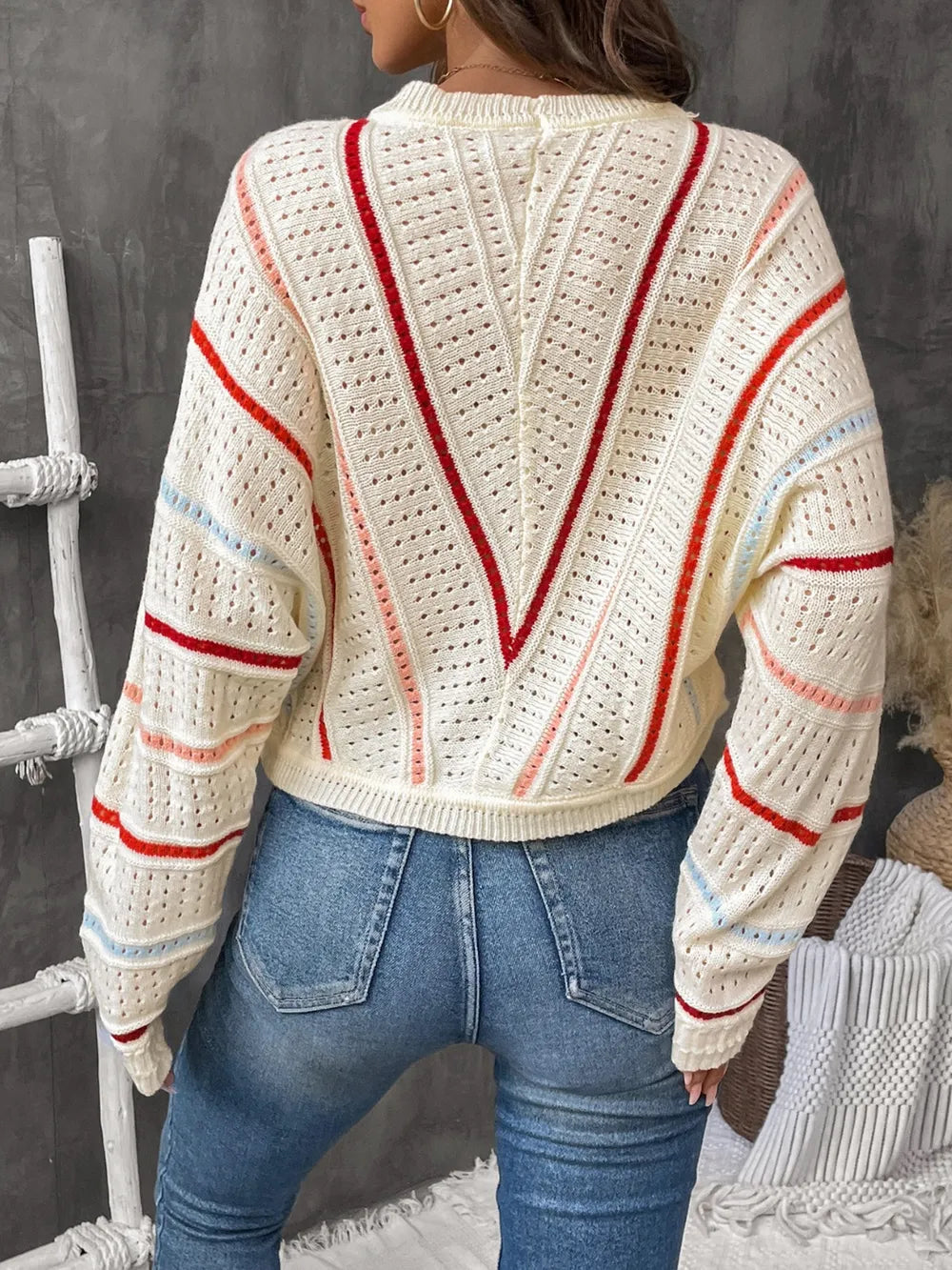 Eyelet Round Neck Long Sleeve Sweater - Korvel