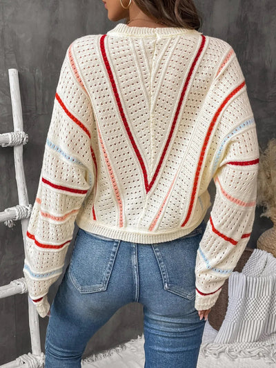Eyelet Round Neck Long Sleeve Sweater - Korvel