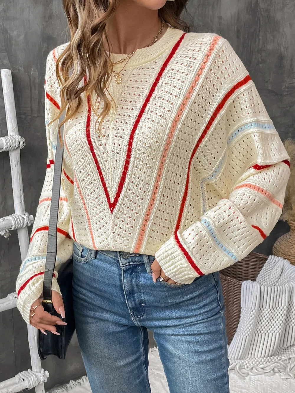 Eyelet Round Neck Long Sleeve Sweater - Korvel