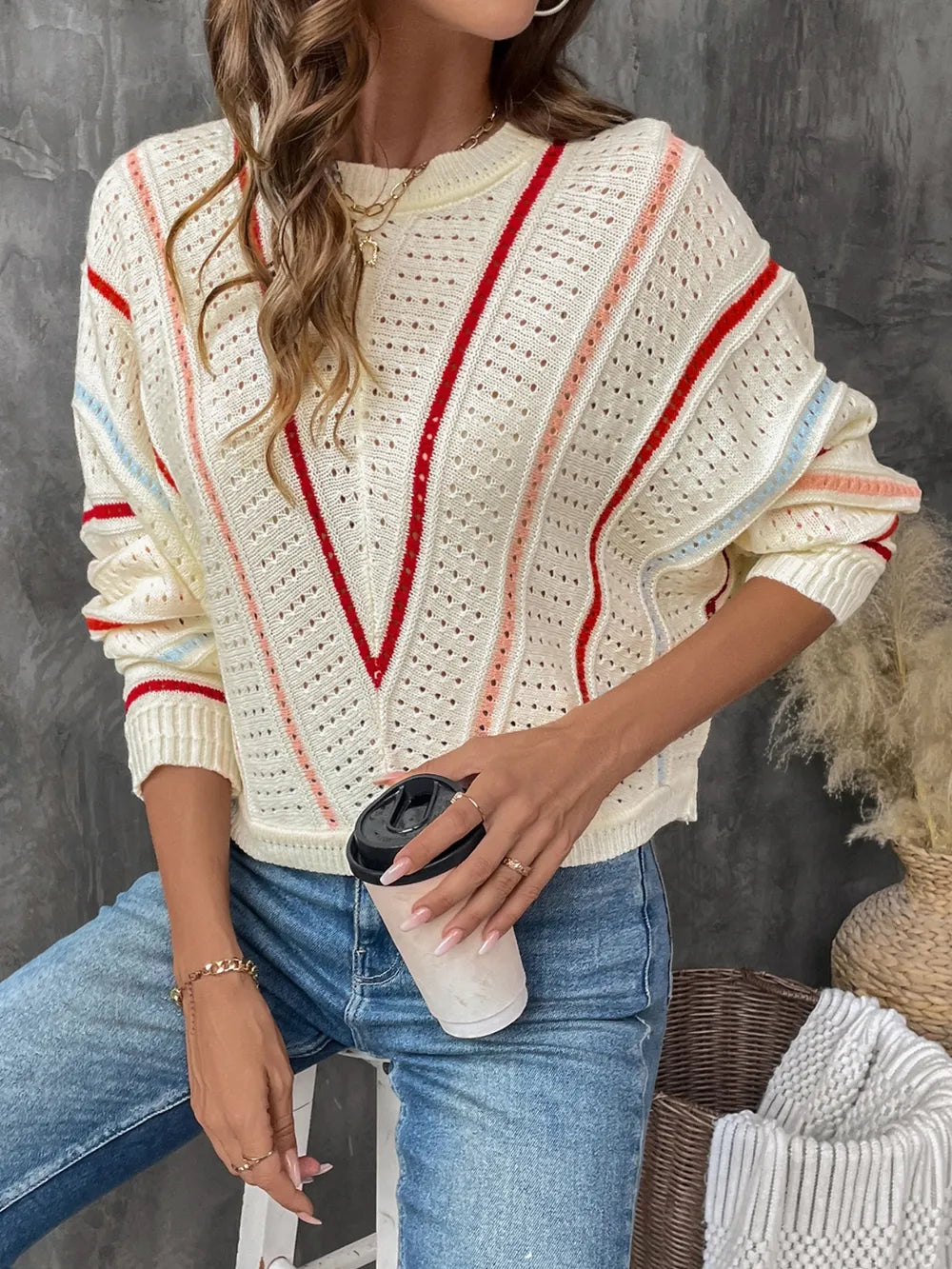 Eyelet Round Neck Long Sleeve Sweater - Korvel