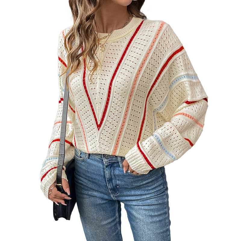Eyelet Round Neck Long Sleeve Sweater - Korvel