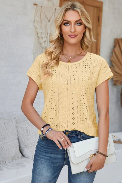 Eyelet Round Neck Rolled Short Sleeve T-Shirt - Korvel