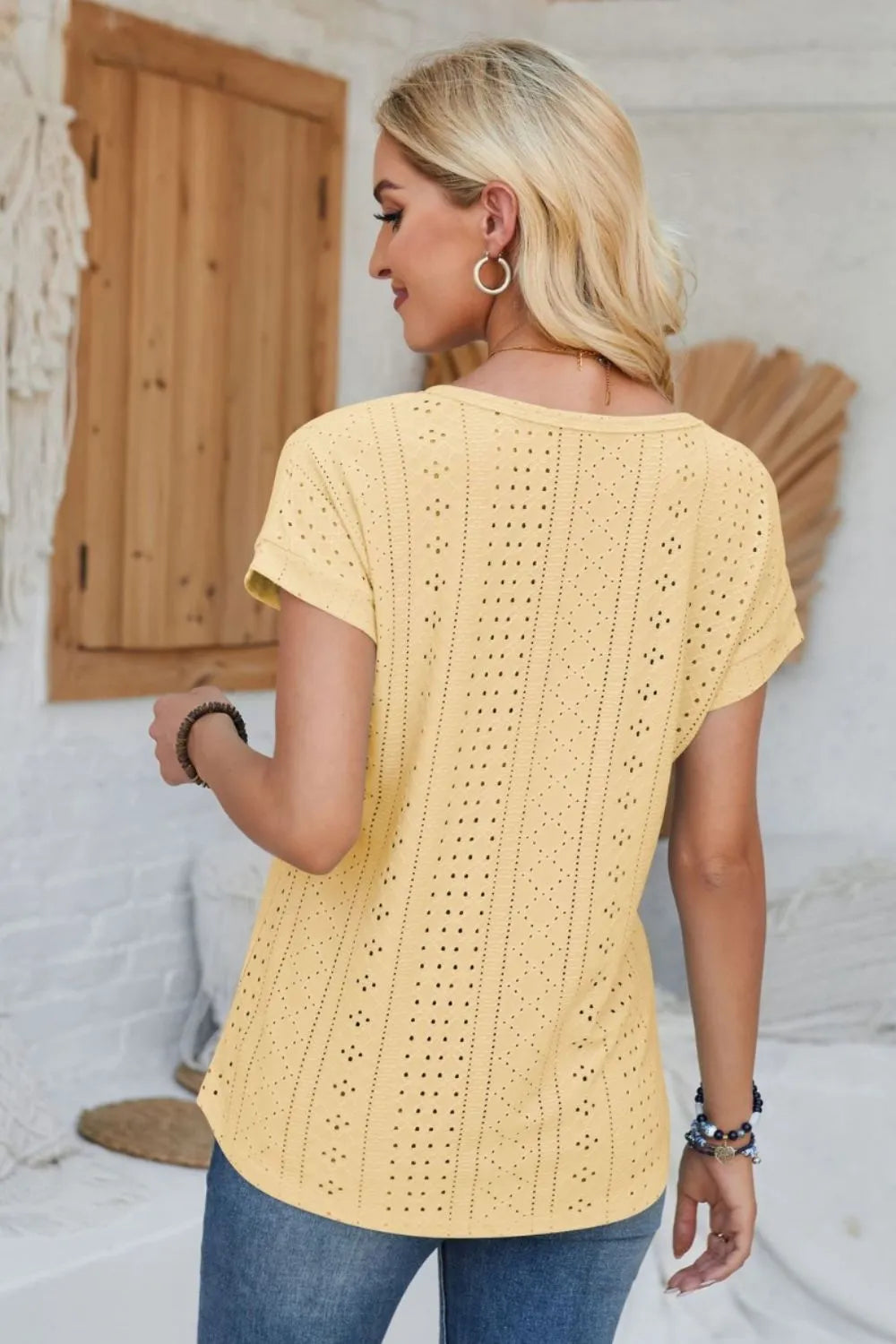 Eyelet Round Neck Rolled Short Sleeve T-Shirt - Korvel