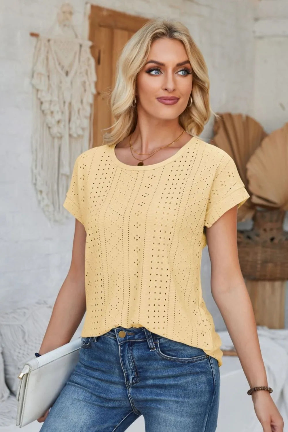 Eyelet Round Neck Rolled Short Sleeve T-Shirt - Korvel