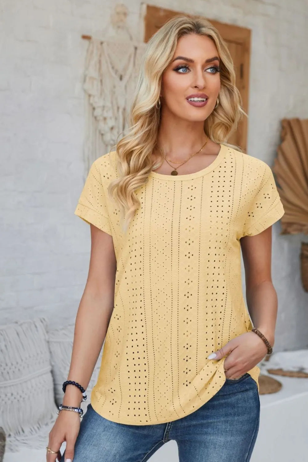 Eyelet Round Neck Rolled Short Sleeve T-Shirt - Korvel
