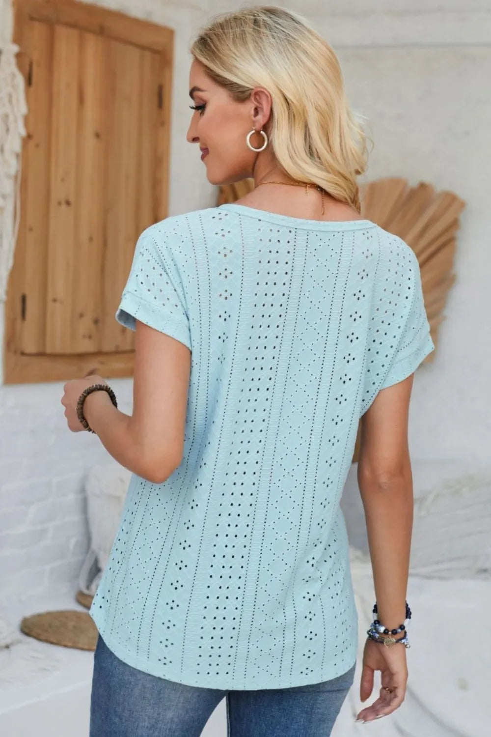 Eyelet Round Neck Rolled Short Sleeve T-Shirt - Korvel