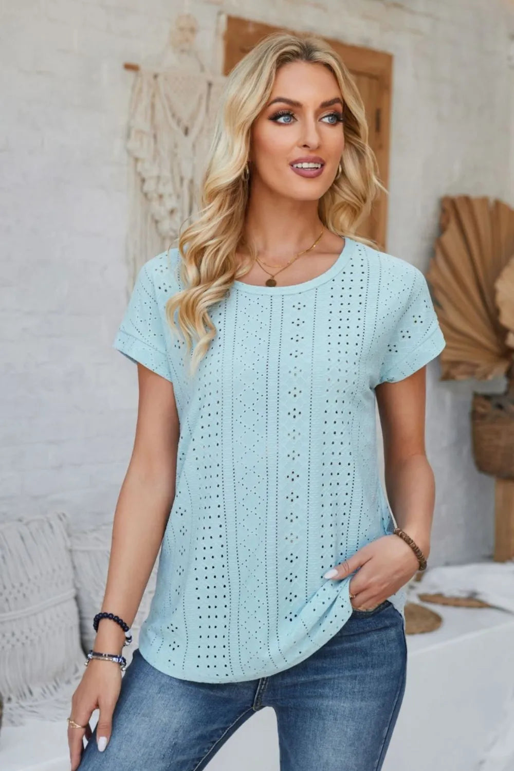 Eyelet Round Neck Rolled Short Sleeve T-Shirt - Korvel