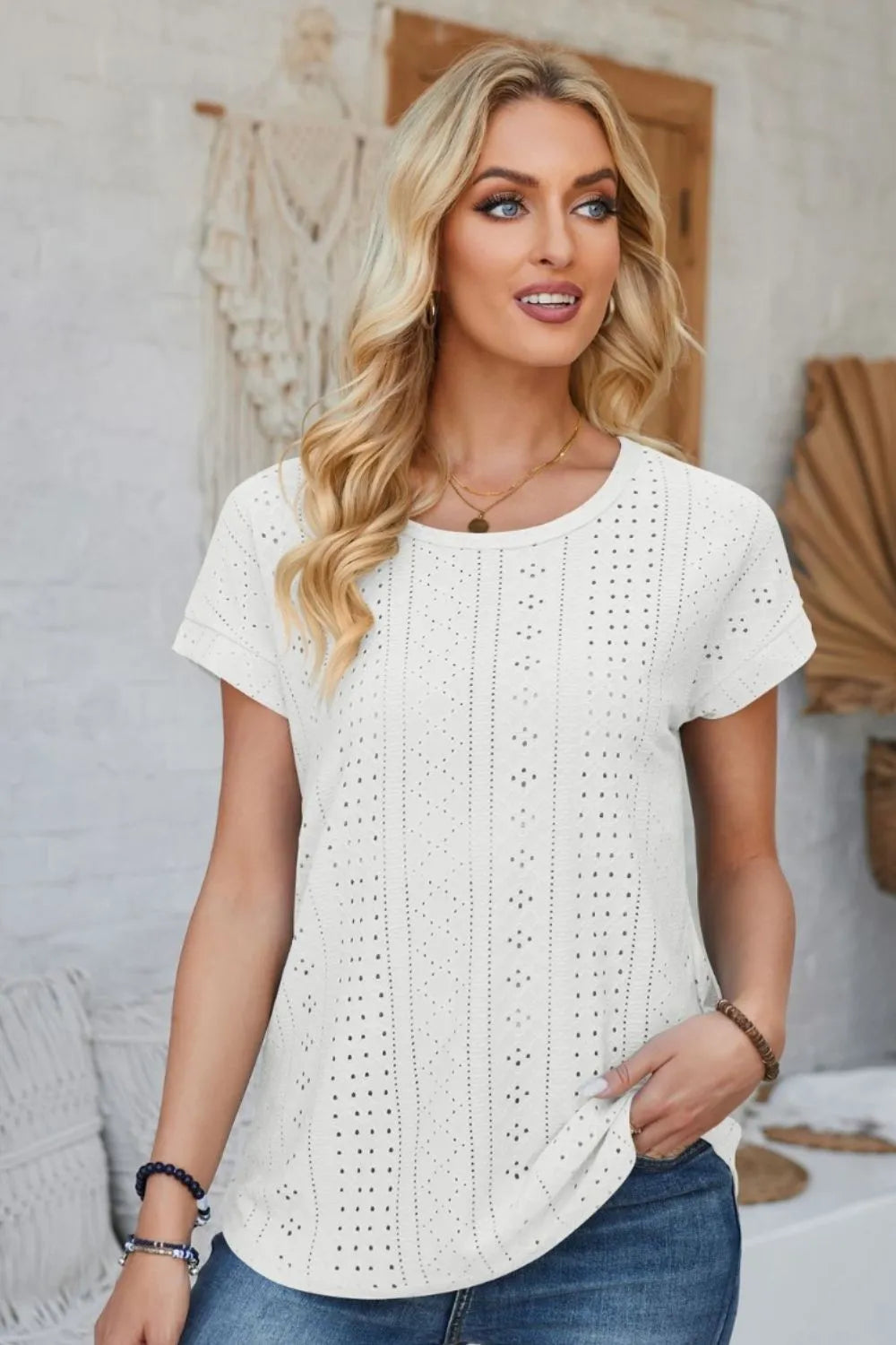 Eyelet Round Neck Rolled Short Sleeve T-Shirt - Korvel