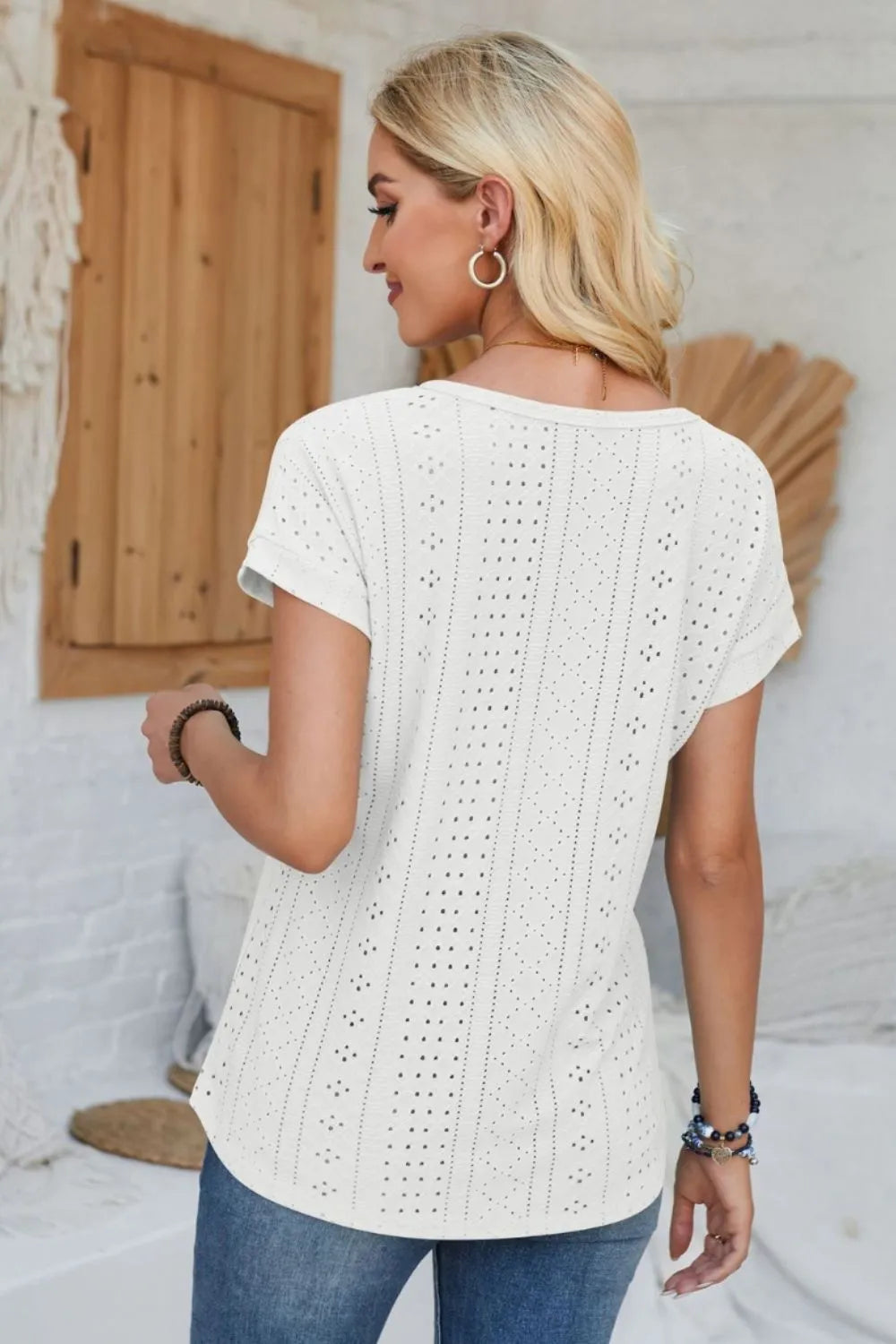 Eyelet Round Neck Rolled Short Sleeve T-Shirt - Korvel