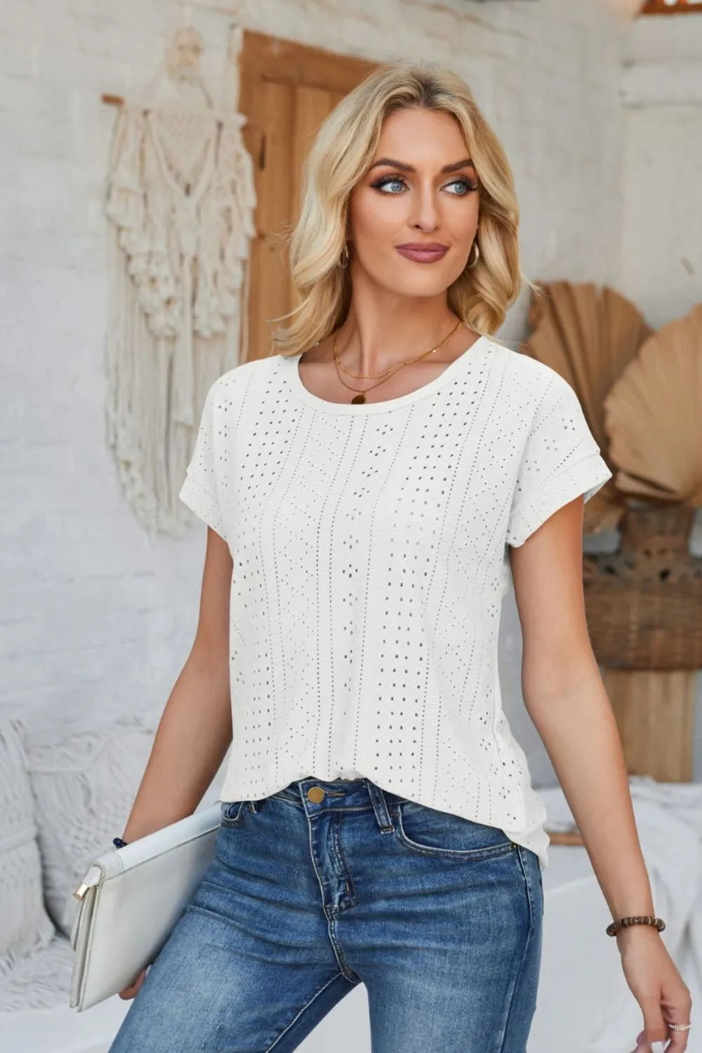 Eyelet Round Neck Rolled Short Sleeve T-Shirt - Korvel