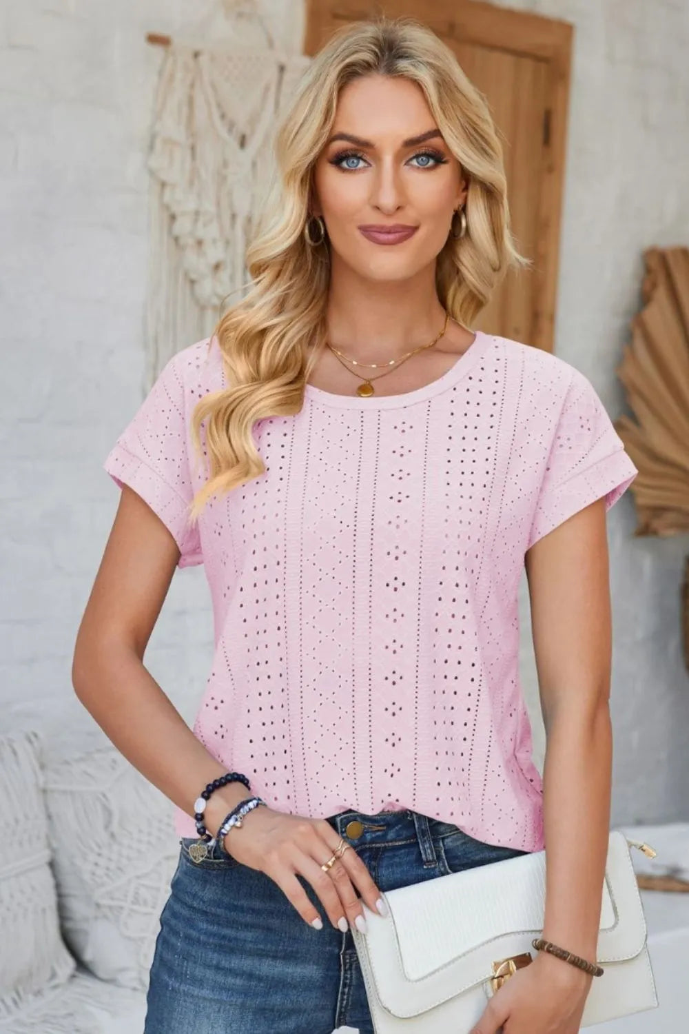 Eyelet Round Neck Rolled Short Sleeve T-Shirt - Korvel
