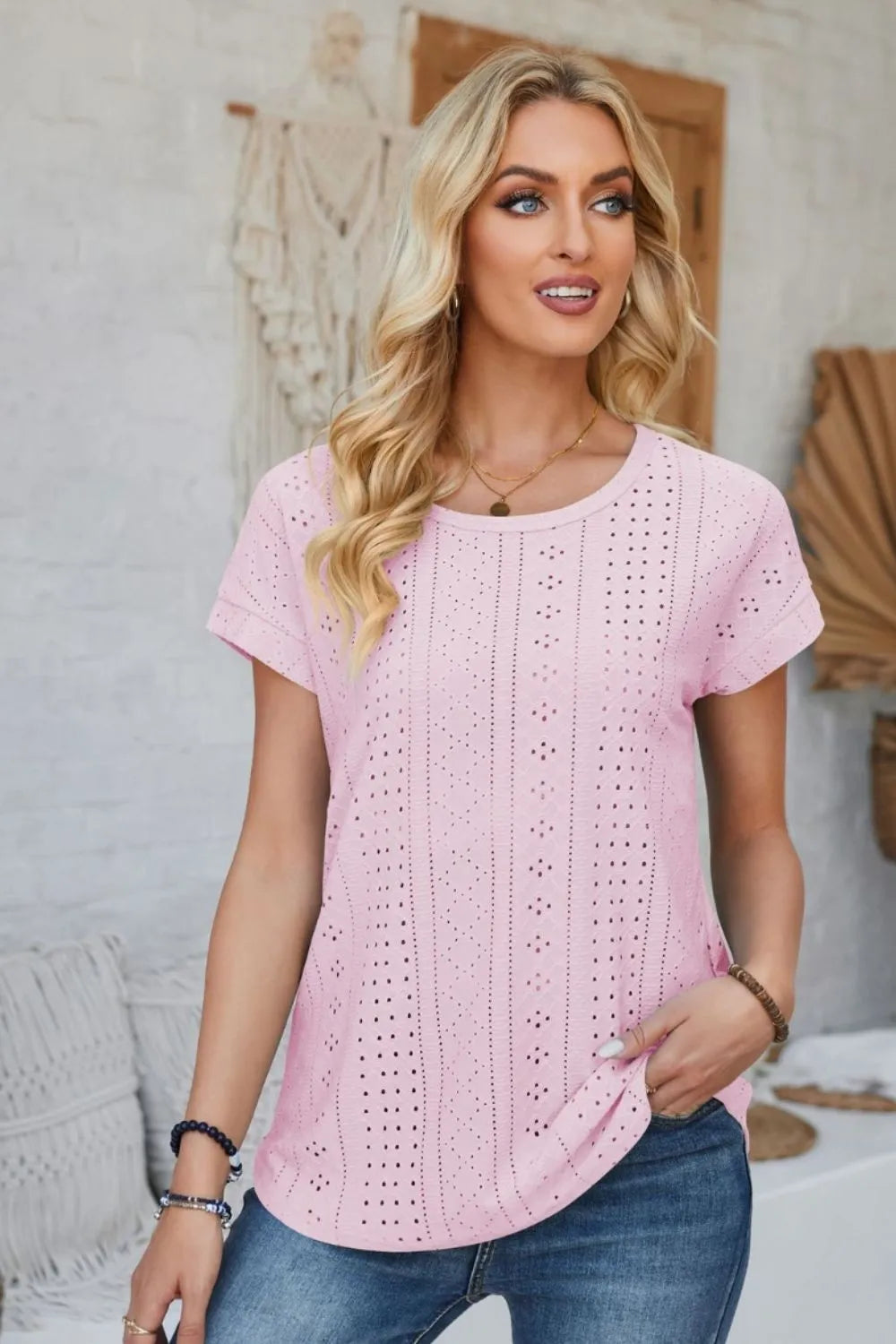 Eyelet Round Neck Rolled Short Sleeve T-Shirt - Korvel